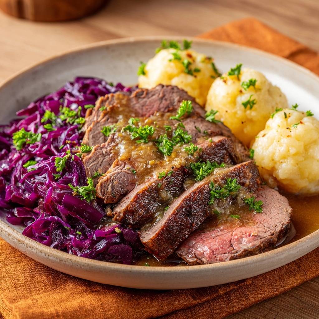 Saftiger Rinderbraten Mit Rotkohl Serviert 1 2 Saftiger Rinderbraten mit Rotkohl und Kartoffelklößen serviert auf einem Teller. Das Gericht ist mit frischer Petersilie garniert und von oben fotografiert.