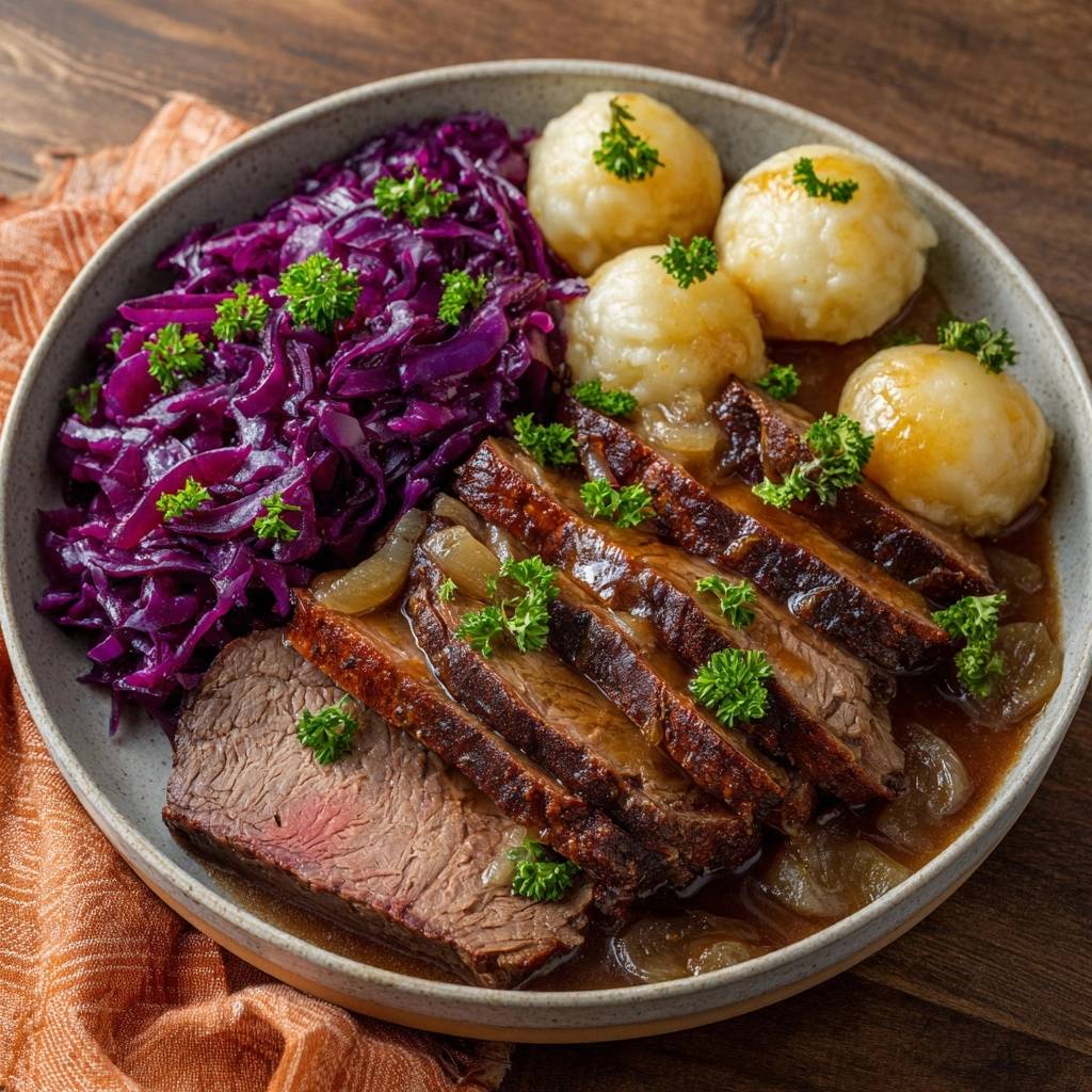 Saftiger Rinderbraten mit Rotkohl und Kartoffelklößen serviert auf einem Teller, garniert mit frischer Petersilie und Zwiebeln.