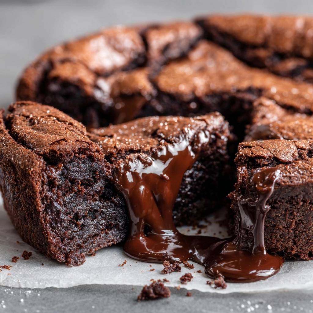 Saftiger Schokoladenbrownie Querschnitt Mit Schokoladensauce 1 Saftiger Schokoladenbrownie in Nahaufnahme mit einem angeschnittenen Stück, aus dem die flüssige Schokoladensauce fließt.
