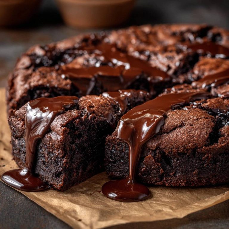 Saftiger Schokoladenbrownie mit fließender Schokosauce, ein Anschnitt zeigt die saftige Textur des Kuchens. Die Schokosauce läuft verführerisch herunter.