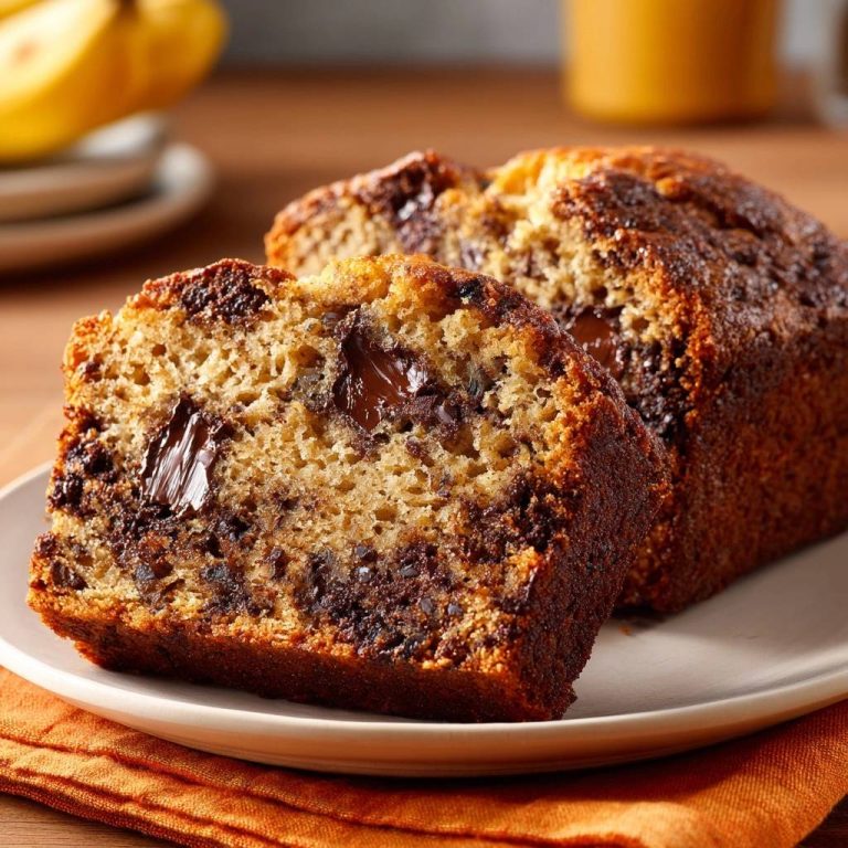 Saftiges Bananen-Schoko-Brot zeigt einen Nahaufnahme-Querschnitt, der die saftige Textur und Schokoladenstücke in dem Brot hervorhebt.
