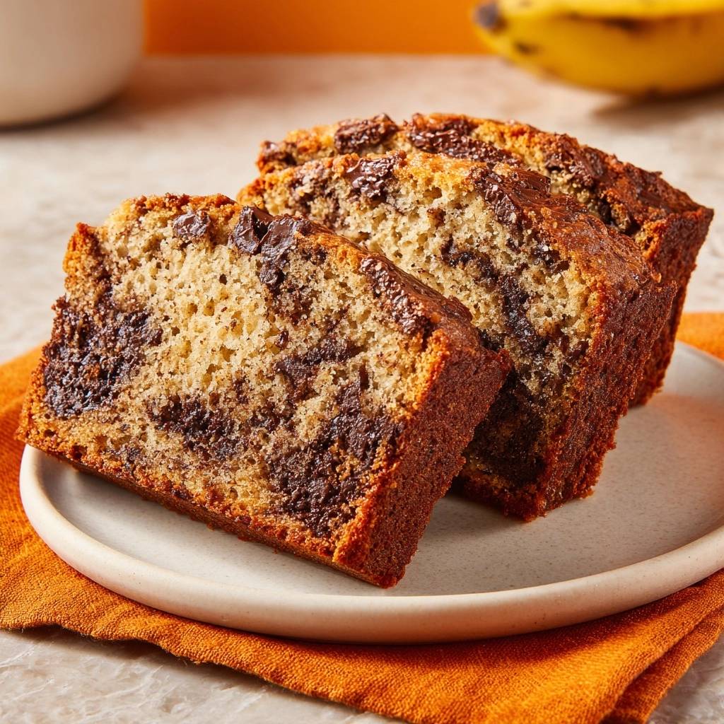 Saftiges Bananen Schoko Brot Querschnitt Nahaufnahme 1 Saftiges Bananen-Schoko-Brot im Nahaufnahme-Querschnitt, der die Schokoladenstücke und die lockere Textur des Kuchens zeigt.