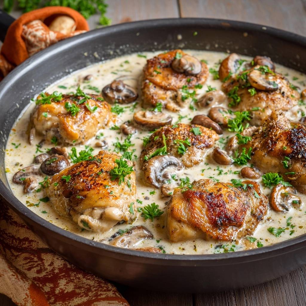 Saftiges Hähnchen in cremiger Pilzrahmsauce, serviert in einer Pfanne, mit frischer Petersilie garniert. Die cremige Sauce und die Pilze laden zum Genießen ein.