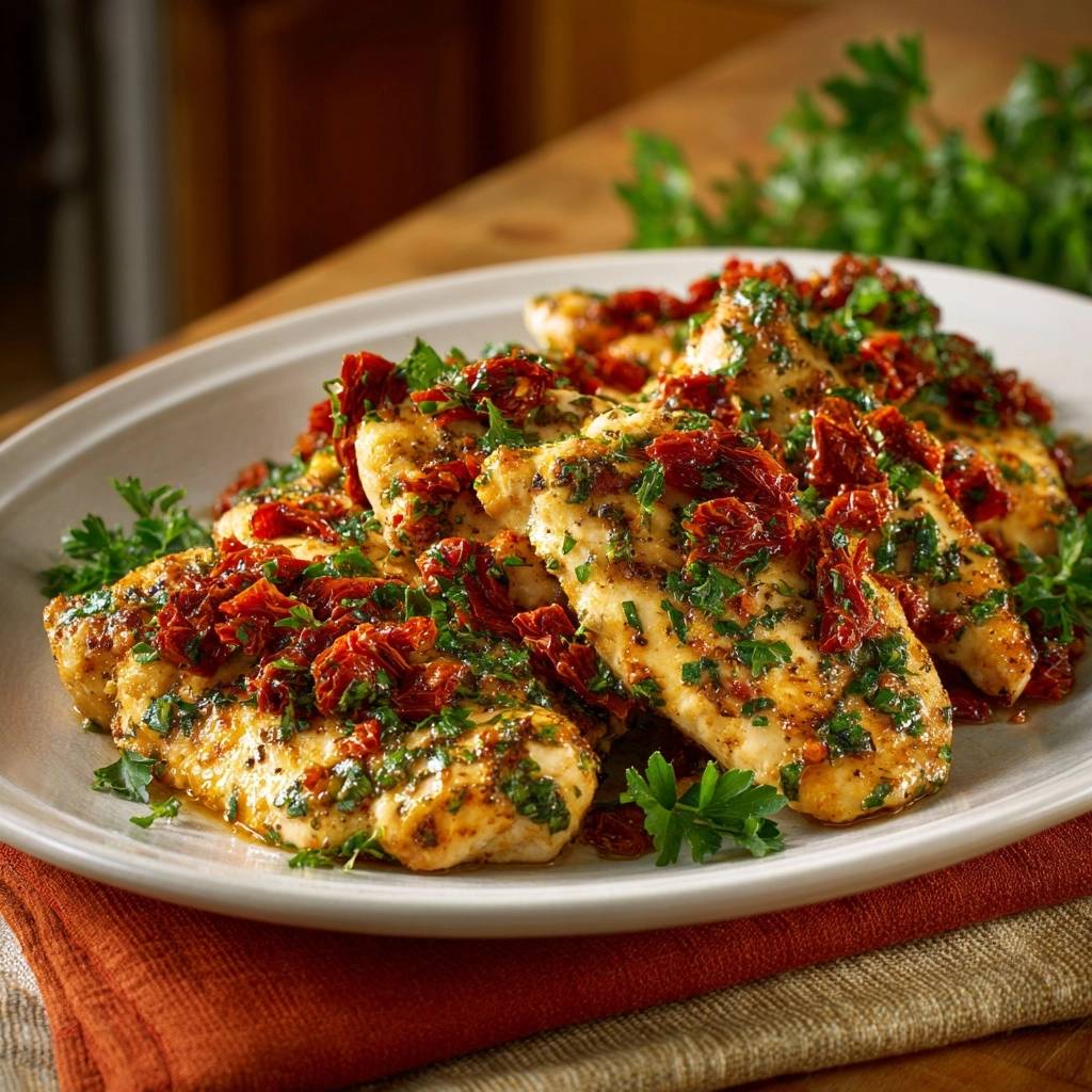 Saftiges Huhnchen Mit Sonnengetrockneten Tomaten Serviert 1 Saftiges Hähnchen mit sonnengetrockneten Tomaten serviert auf einem weißen Teller, garniert mit frischer Petersilie und sonnengetrockneten Tomaten.