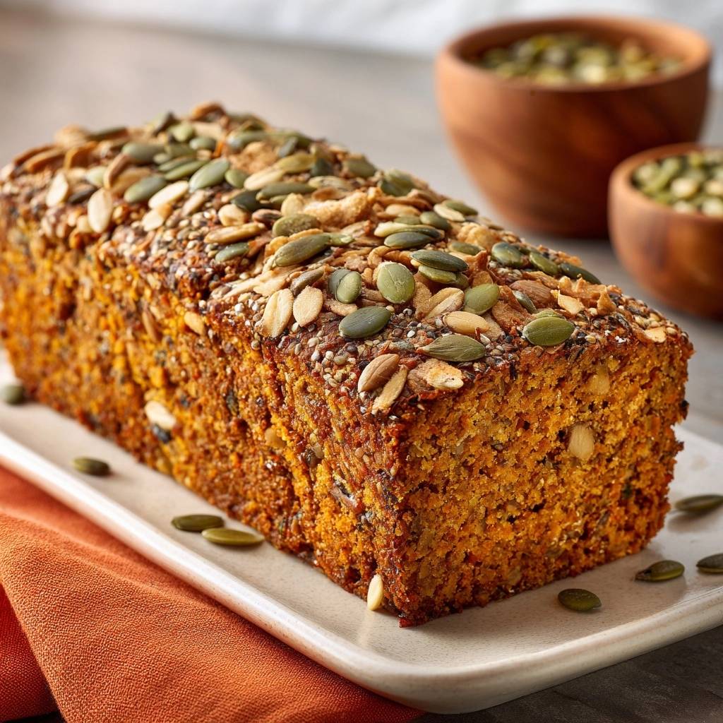 Saftiges Karotten Samenbrot Draufsicht 1 Saftiges Karotten-Samenbrot, draufsicht. Ein köstliches, veganes Brot mit einer knusprigen Kruste, garniert mit verschiedenen Kernen und Samen.