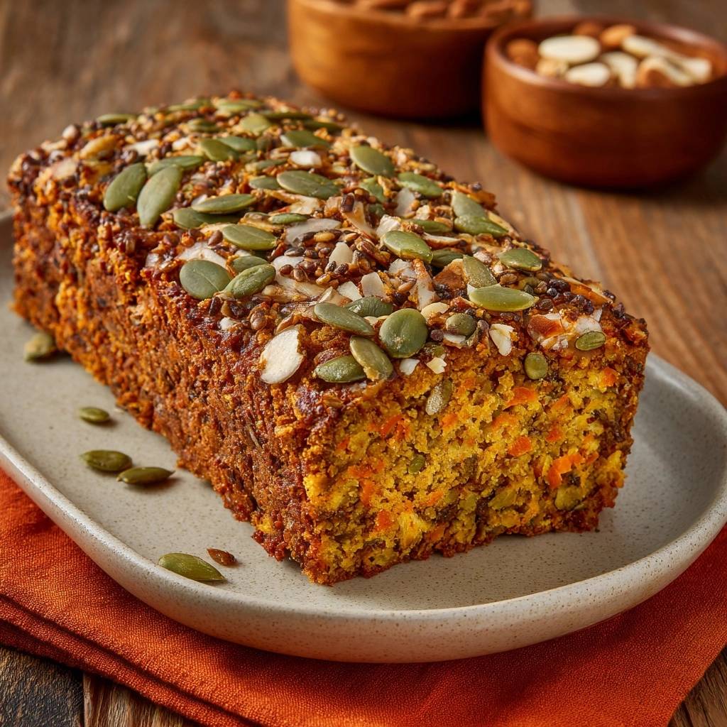 Saftiges Karotten-Samenbrot, draufsicht. Ein köstliches veganes Brot, garniert mit Kürbiskernen und Mandelsplittern, präsentiert auf einem grauen Teller.