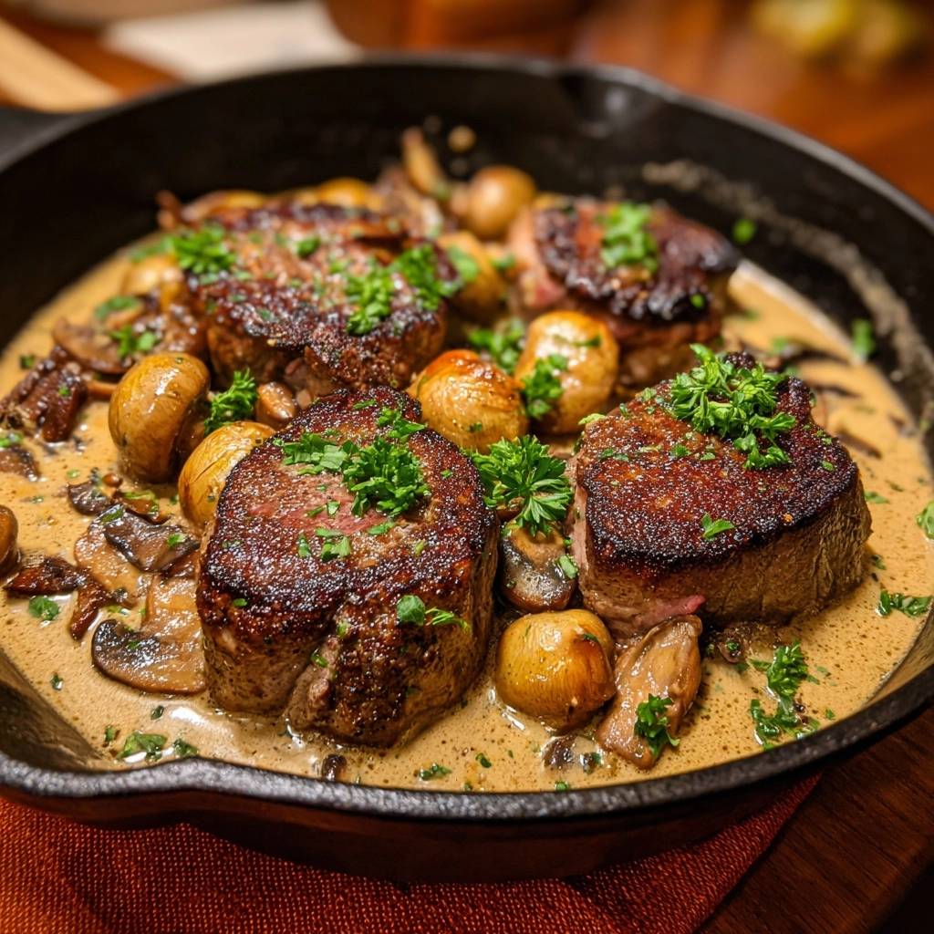 Saftiges Rinderfilet mit Pilzen & Perlzwiebeln in cremiger Sauce, serviert in einer gusseisernen Pfanne, garniert mit frischer Petersilie.