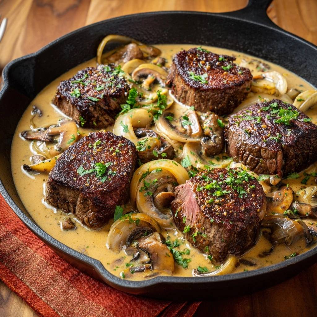 Saftiges Rinderfilet Pilzen Perlzwiebeln Draufsicht 1 Saftiges Rinderfilet mit Pilzen & Perlzwiebeln, serviert in einer gusseisernen Pfanne, aus der Vogelperspektive fotografiert.