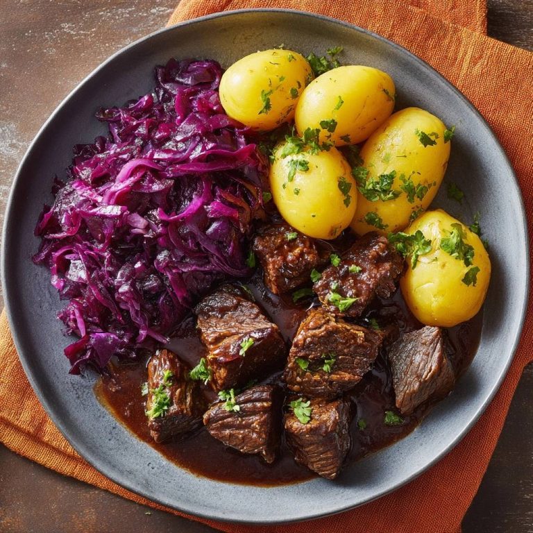 Saftiges Rindergulasch mit Rotkohl, serviert auf einem Teller, mit Petersilienkartoffeln und einem köstlichen, dunklen Bratenfond.