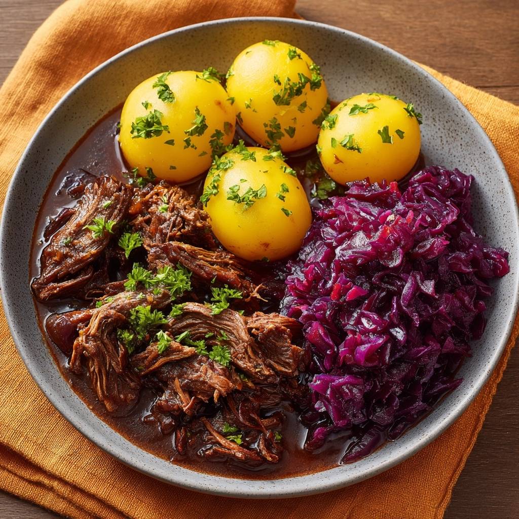 Saftiges Rindergulasch mit Rotkohl serviert auf einem Teller, zusammen mit Petersilienkartoffeln, in einer Nahaufnahme von oben.