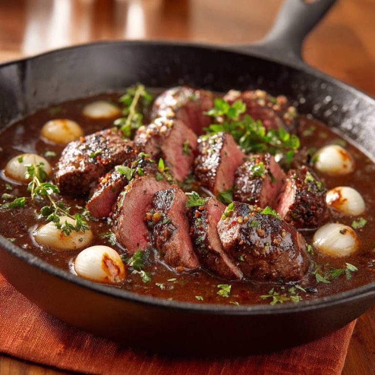 Saftiges Rindfleisch mit Perlzwiebeln und Thymian, angeschnitten, zeigt perfekt gebratene Fleischstücke in einer herzhaften Sauce.