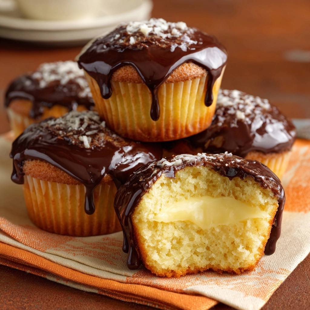 Sahnegefüllte Schoko-Muffins zeigen einen saftigen Querschnitt, der die cremige Füllung und den Schokoladenguss offenbart.
