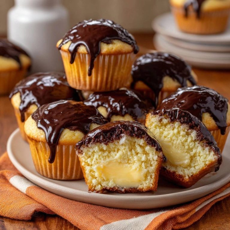 Sahnegefüllte Schoko-Muffins im Nahaufnahme, mit einem angeschnittenen Muffin, der die cremige Füllung zeigt und mit Schokoladenglasur bedeckt ist.