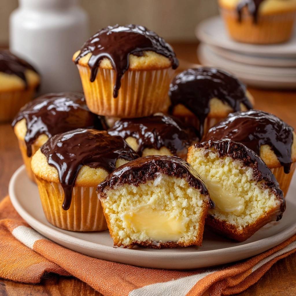 Sahnegefüllte Schoko-Muffins im Nahaufnahme, mit einem angeschnittenen Muffin, der die cremige Füllung zeigt und mit Schokoladenglasur bedeckt ist.