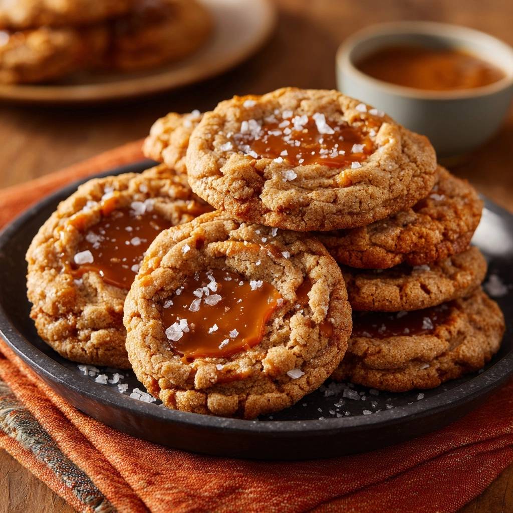 Salzige Karamell-Cookies in Nahaufnahme mit wunderschönen Karamell-Pfützen und groben Salzflocken, die die Textur perfekt ergänzen.