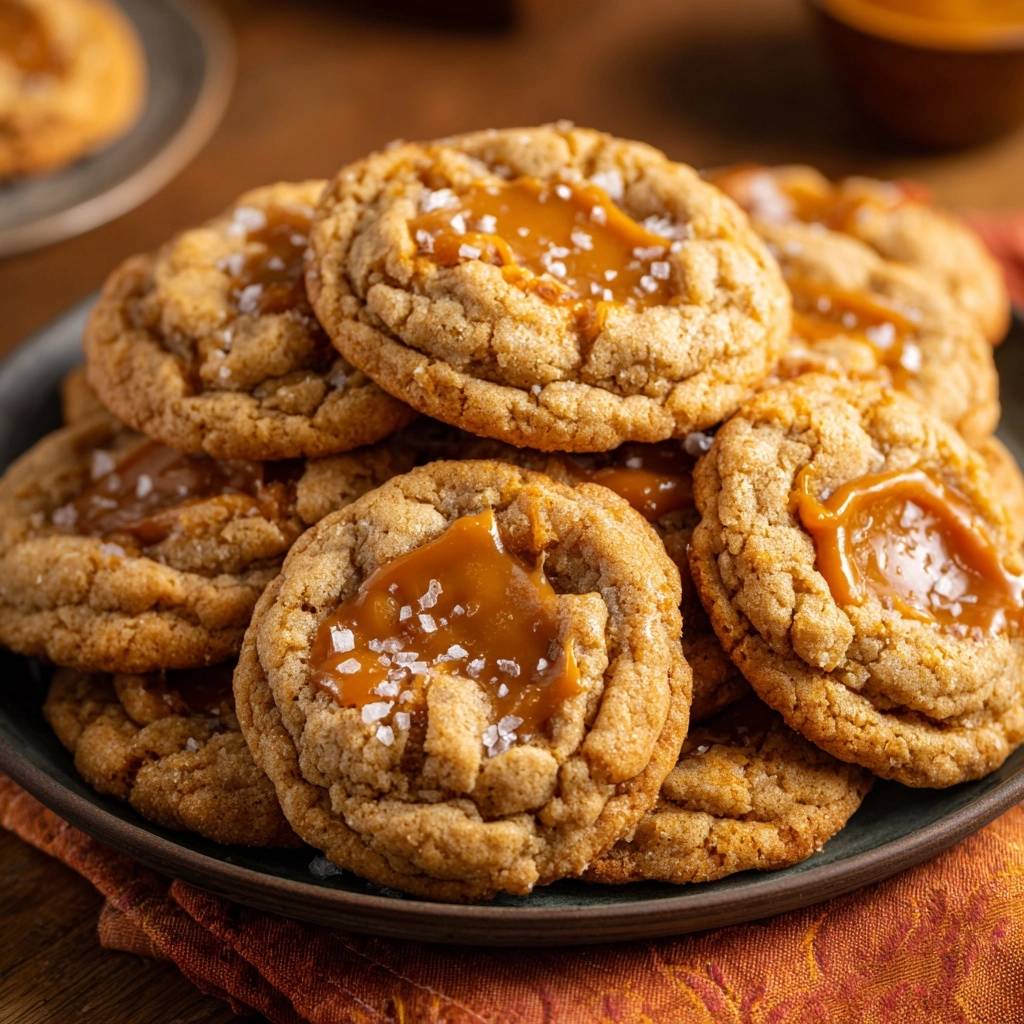 Salzige Karamell-Cookies, serviert auf einem Teller. Diese Nahaufnahme zeigt die frisch gebackenen Cookies mit köstlichem Karamell und grobem Salz.