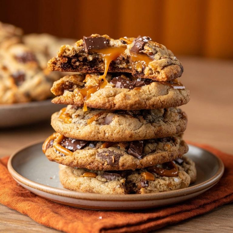 Salzige Karamell-Pretzel-Schoko-Kekse im Nahaufnahme-Querschnitt, der die geschmolzene Karamellfüllung und knackige Textur zeigt.