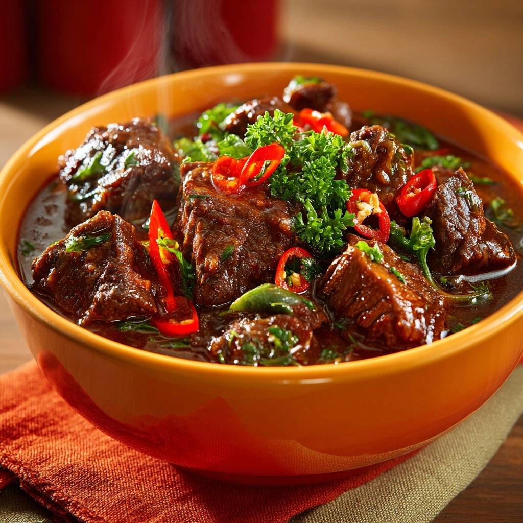 Scharfes Rindfleisch-Curry in einer orangefarbenen Schüssel, garniert mit frischer Petersilie und roten Chiliringen. Eine Nahaufnahme zeigt die zarten, saftigen Fleischstücke.
