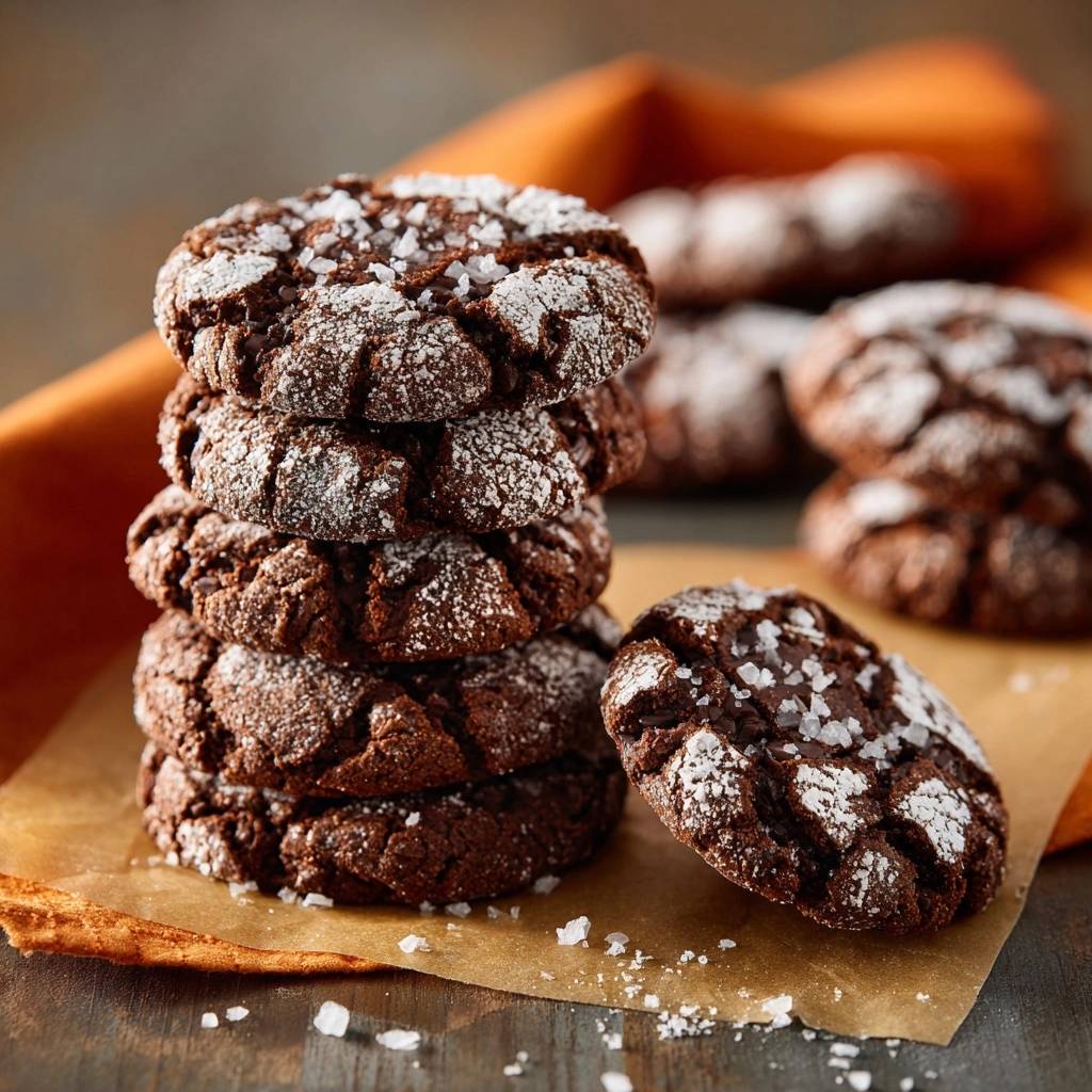 Schoko-Crinkle-Cookies mit Meersalz in Nahaufnahme gestapelt, mit Puderzucker bestäubt und grobem Meersalz belegt. Diese schokoladigen Kekse sind ein Genuss!