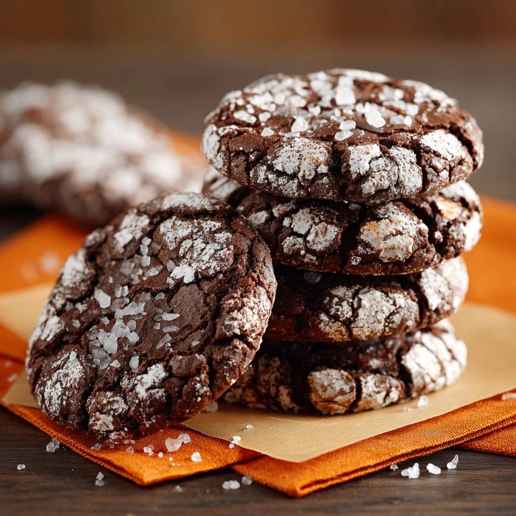 Schoko-Crinkle-Cookies mit Meersalz in Nahaufnahme, mit Krusten aus Puderzucker und grobem Meersalz, gestapelt auf einem orangefarbenen Tuch.