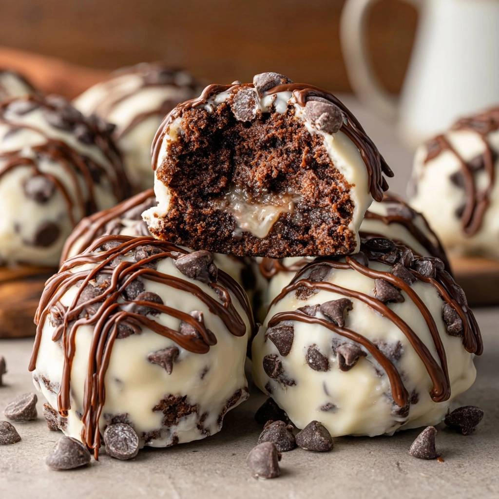 Schoko Lava Cookie Dough Balls Querschnitt 1 Schoko-Lava Cookie Dough Balls, mit einem Nahaufnahme-Querschnitt, der die cremige Füllung und den Teig zeigt.