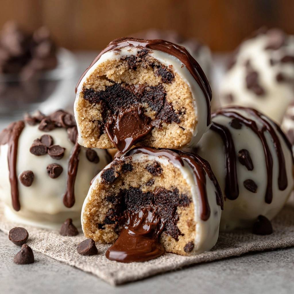 Schoko-Lava Cookie Dough Balls, angeschnitten, zeigen den flüssigen Schokoladenkern, umhüllt von Cookie-Teig, und mit Schokoladenglasur verziert.