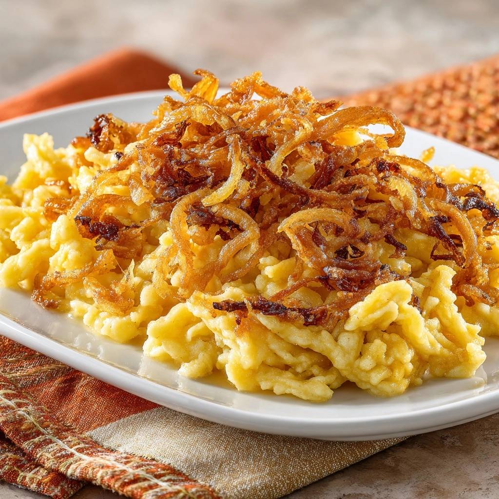 Schwäbische Käsespätzle mit Röstzwiebeln, serviert auf einem weißen Teller, von oben fotografiert. Die Spätzle sind mit knusprigen Röstzwiebeln bedeckt.