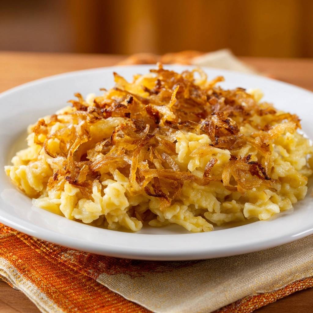 Schwäbische Käsespätzle mit Röstzwiebeln serviert auf einem weißen Teller, garniert mit knusprigen, goldbraunen Zwiebeln.