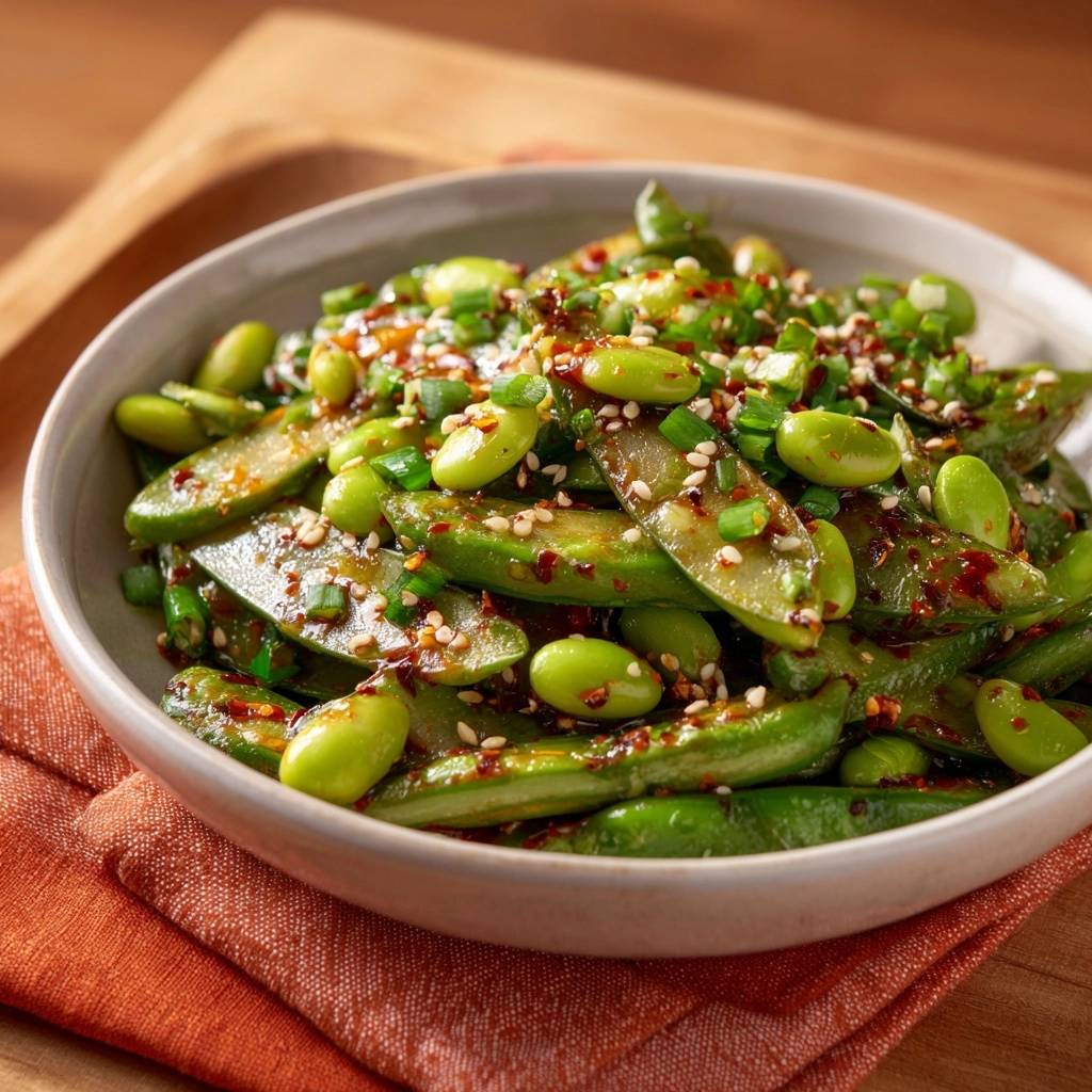 Sesam Chili Edamame Draufsicht Serviert 1 Sesam-Chili-Edamame in einer Schüssel serviert, garniert mit Sesamkörnern und frischen Kräutern, bereit zum Genießen.