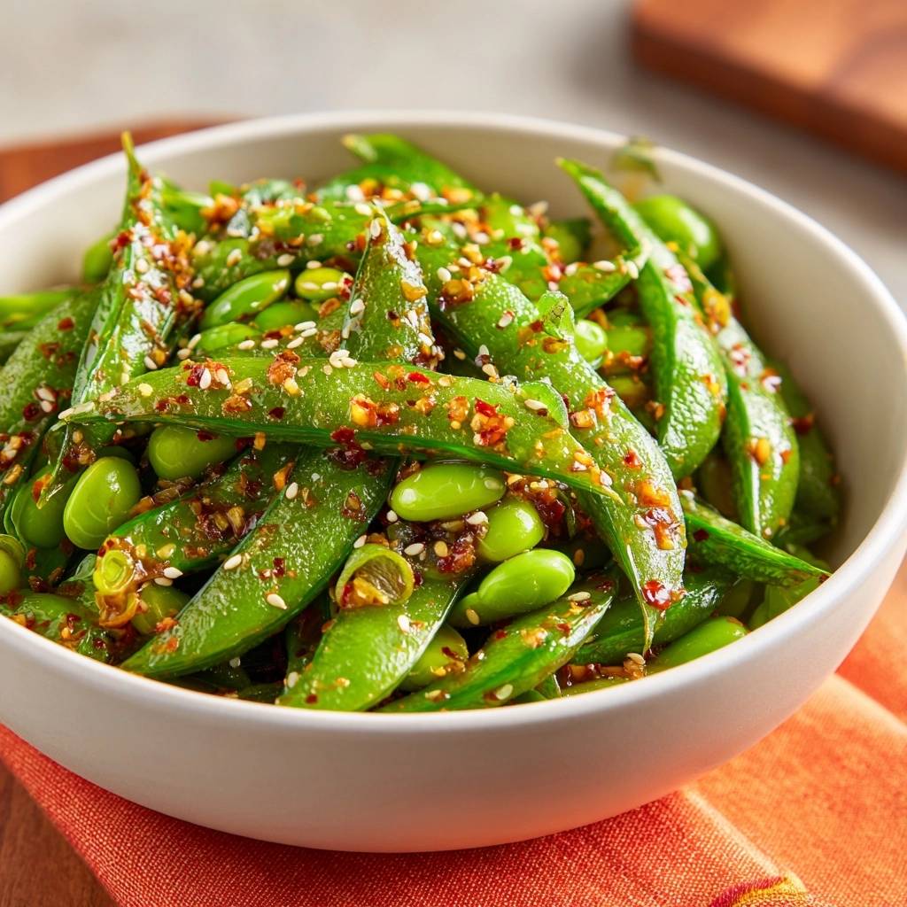 Sesam-Chili-Edamame in einer Schüssel, detailreich mit Chili-Flocken und Sesam bestreut, aus nächster Nähe betrachtet.