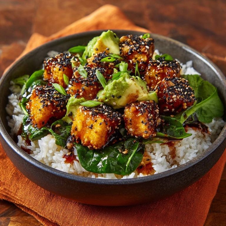 Knuspriger Sesam-Tofu-Bowl mit Avocado und Sesamkörnern, detailreiche Garnitur auf Reis und Spinat.