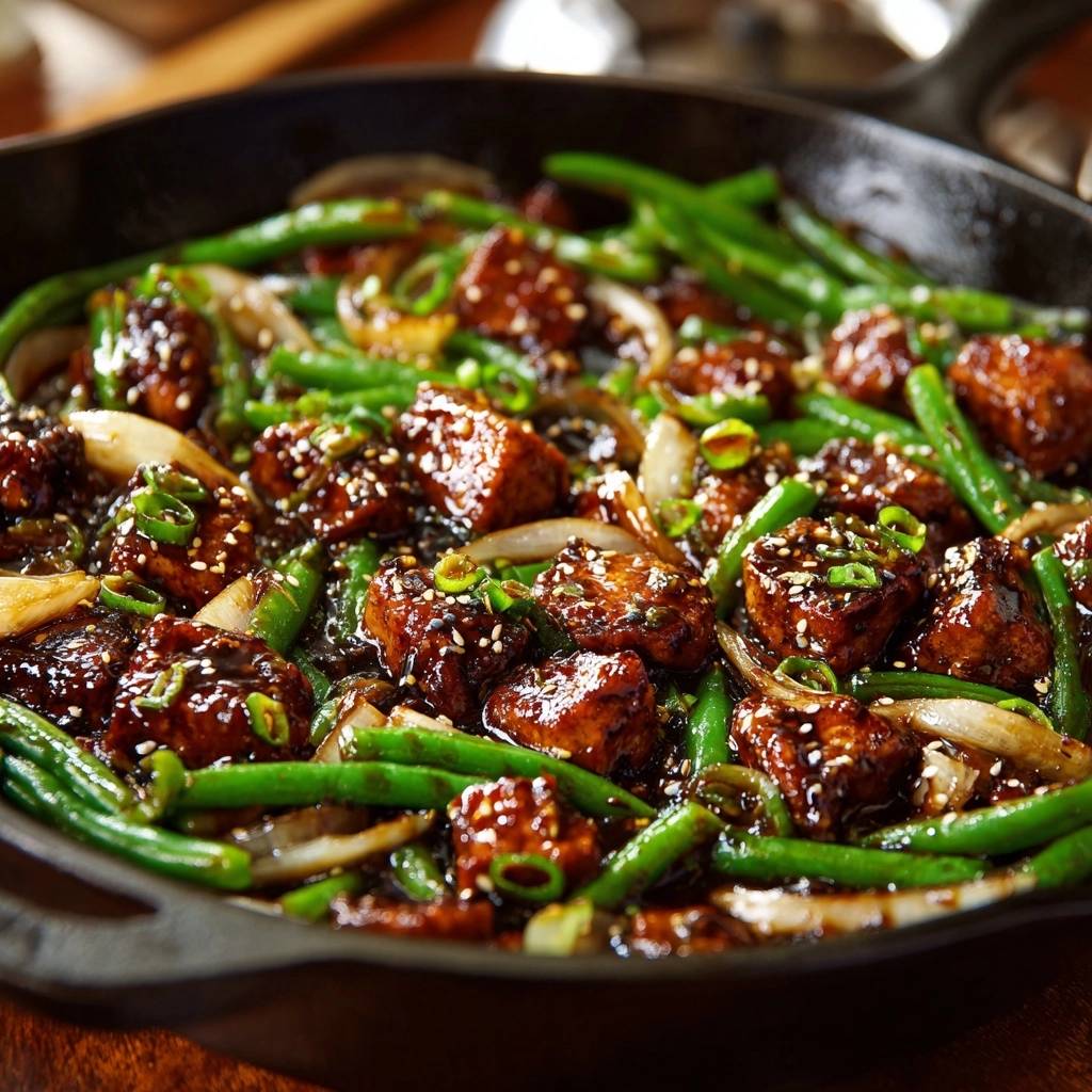 Sesam Tofu Mit Gruenen Bohnen Draufsicht 1 Sesam-Tofu mit knackigen grünen Bohnen: Eine köstliche Draufsicht des fertigen Gerichts in einer gusseisernen Pfanne, garniert mit Sesam.