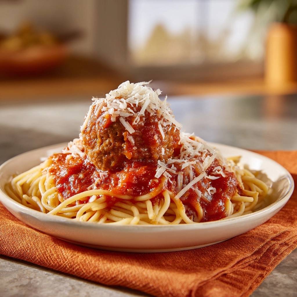 Spaghetti Mit Fleischbaellchen Serviert 1 Spaghetti mit saftigen Fleischbällchen serviert auf einem Teller, garniert mit frisch geriebenem Parmesan. Ein köstliches italienisches Gericht.