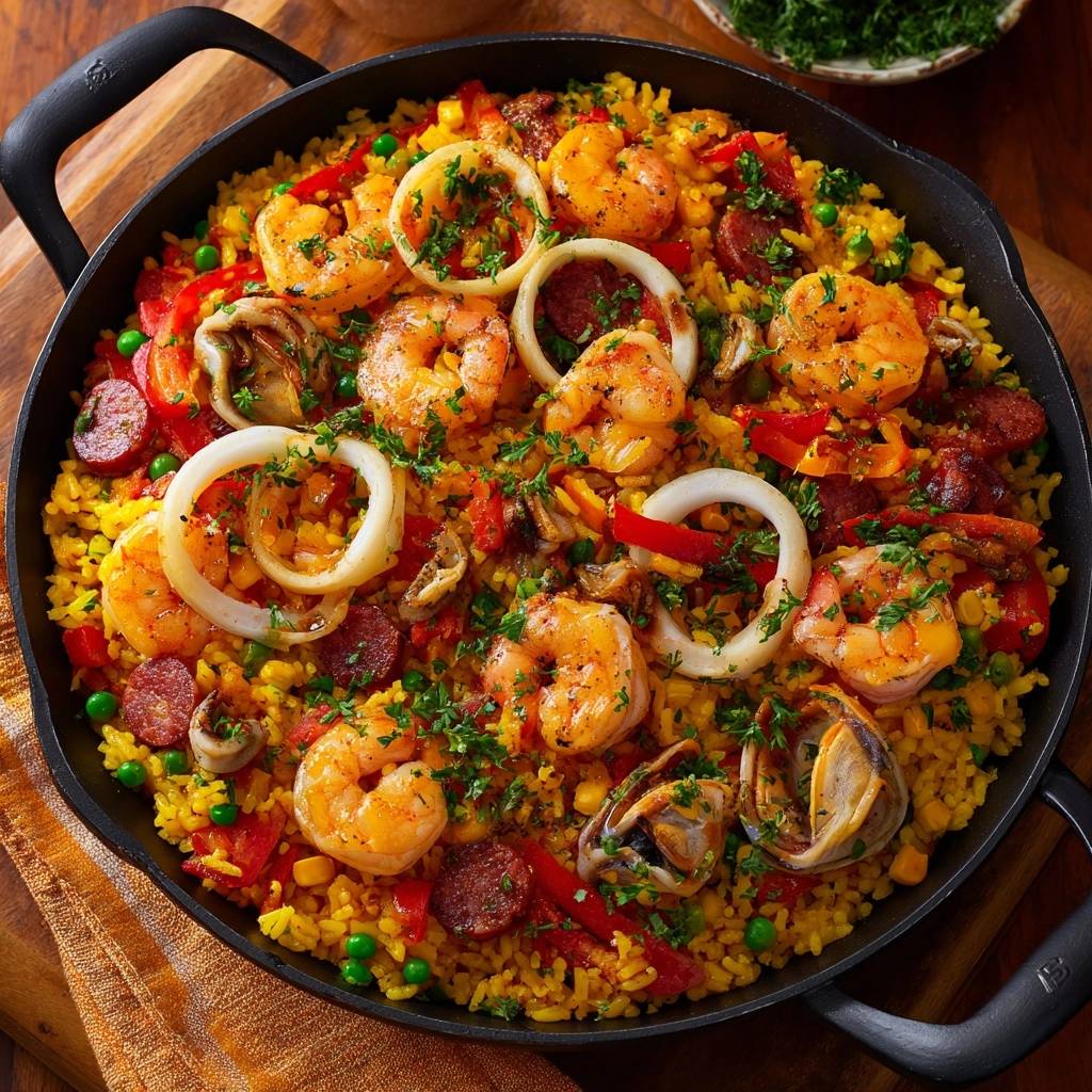 Spanische Paella mit Garnelen, Chorizo und Calamari in einer Pfanne von oben betrachtet, mit Meeresfrüchten und Wurst garniert.