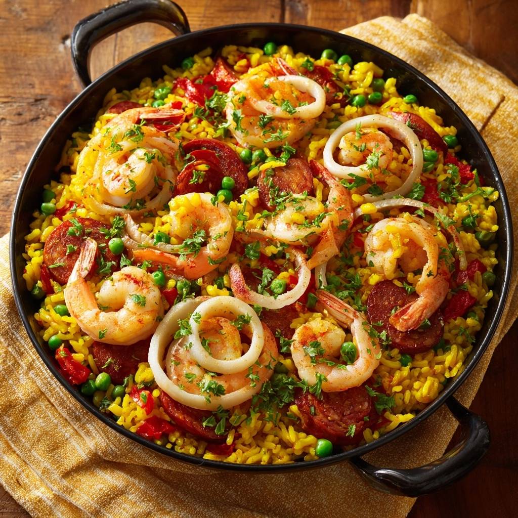 Spanische Paella mit Garnelen, Chorizo und Calamari in einer Pfanne, serviert mit Meeresfrüchten, Wurst und gelbem Reis aus der Vogelperspektive.