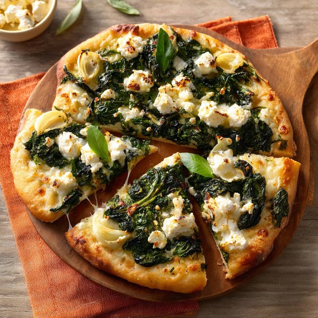 Spinat-Feta-Artischocken-Pizza, serviert auf einem Holzbrett mit frischen Basilikumblättern, angeschnitten und mit geschmolzenem Käse.
