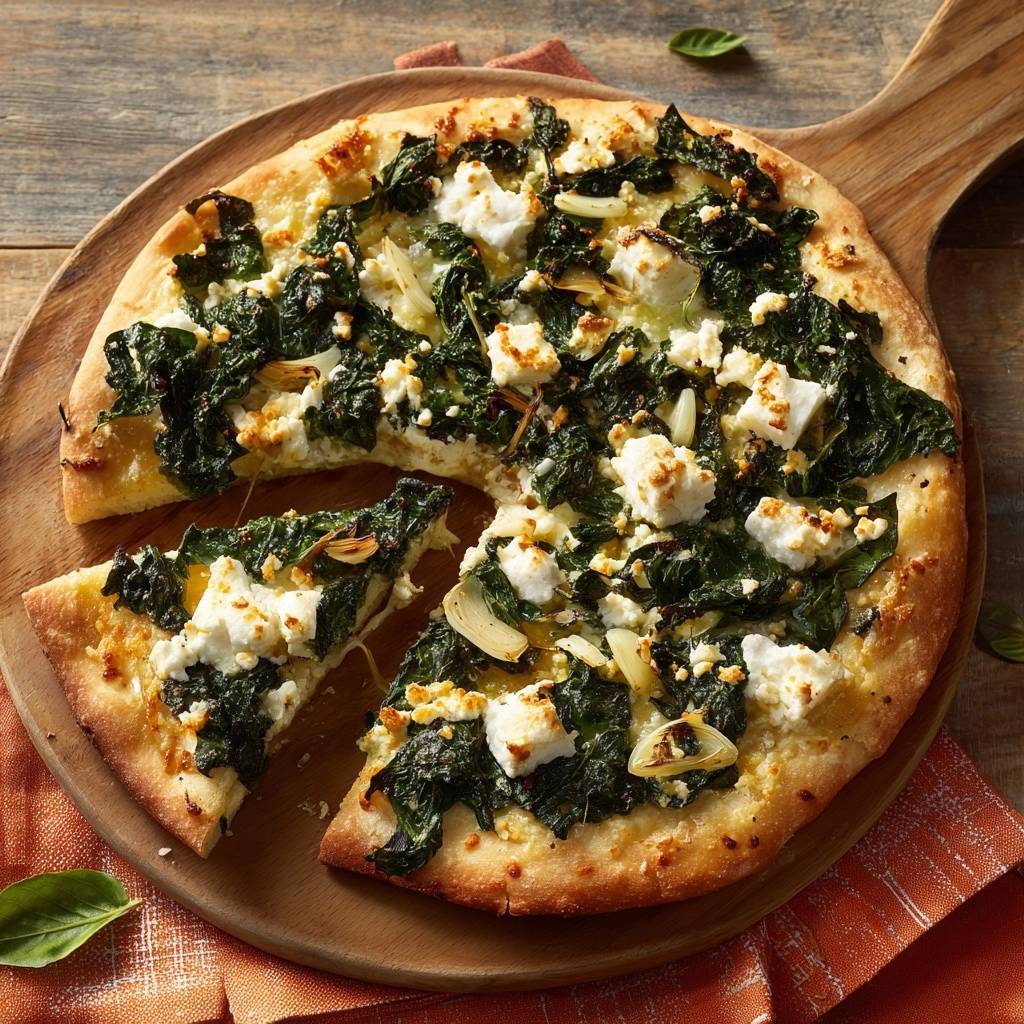 Spinat Feta Artischocken Pizza Serviert Aufgeschnitten 1 Spinat-Feta-Artischocken-Pizza, serviert auf einem Holzbrett, mit einem aufgeschnittenen Stück, das die frische Zubereitung zeigt.