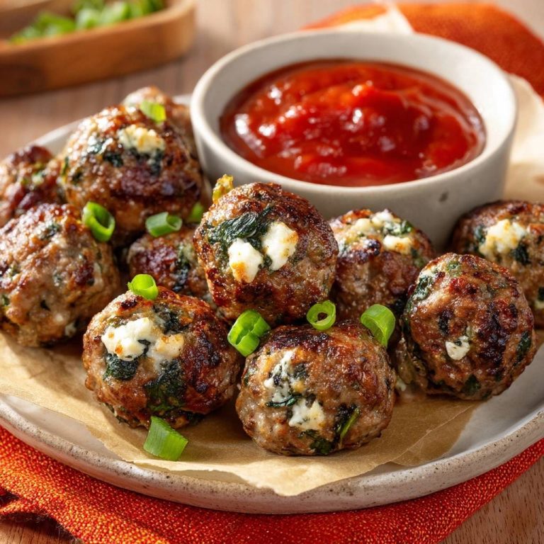 Spinat-Feta-Frikadellen, serviert auf einem Teller, mit frischen Kräutern garniert und einer Schale Tomatensauce. Die Frikadellen sind knusprig gebraten.