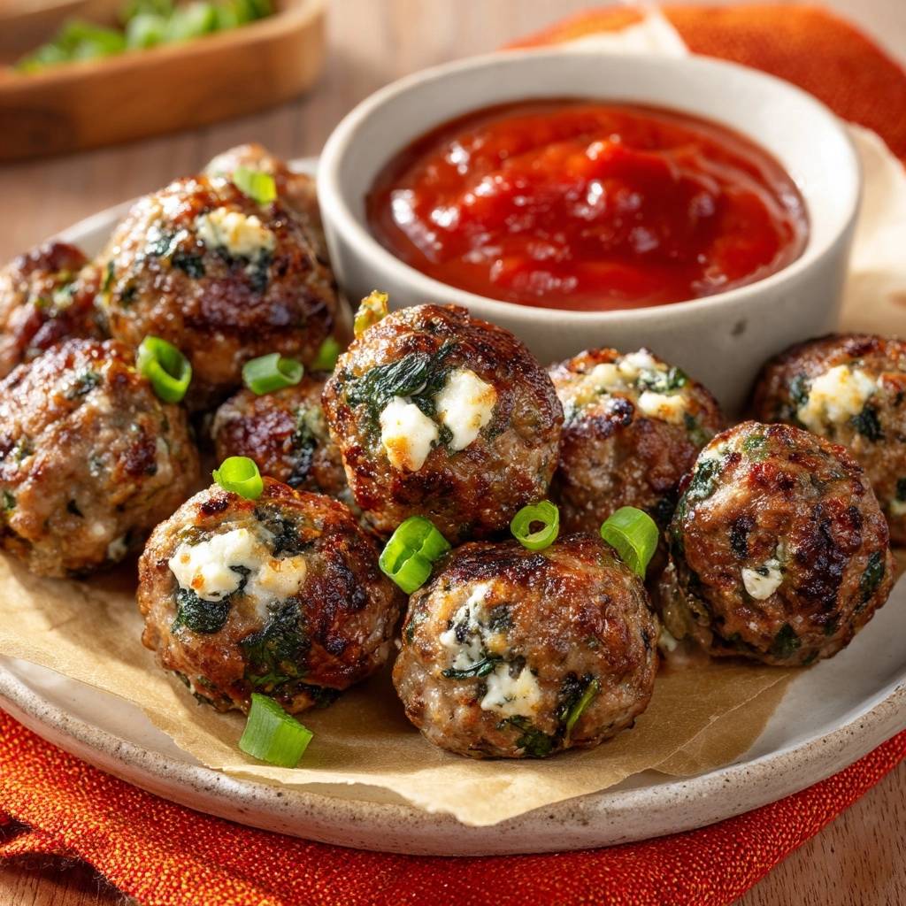 Spinat-Feta-Frikadellen, serviert auf einem Teller, mit frischen Kräutern garniert und einer Schale Tomatensauce. Die Frikadellen sind knusprig gebraten.