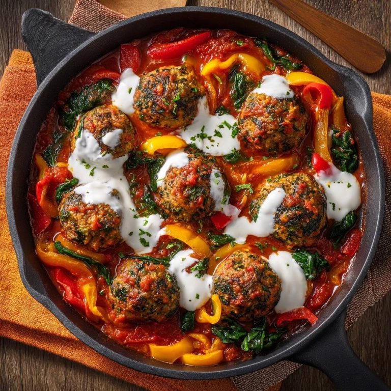 Spinat-Hackbällchen in Paprika-Tomaten-Soße, von oben fotografiert, mit cremigen Klecksen, die das Gericht geschmacklich abrunden.