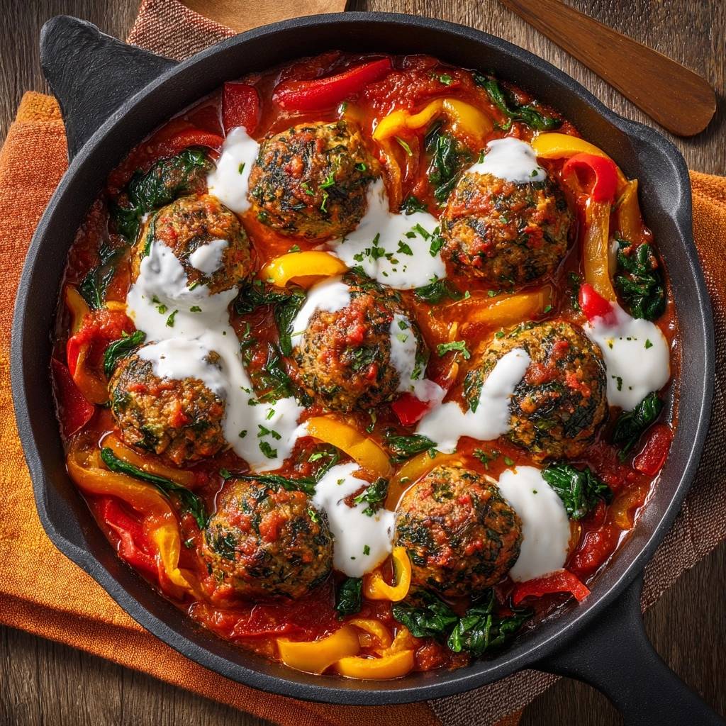 Spinat-Hackbällchen in Paprika-Tomaten-Soße, von oben fotografiert, mit cremigen Klecksen, die das Gericht geschmacklich abrunden.