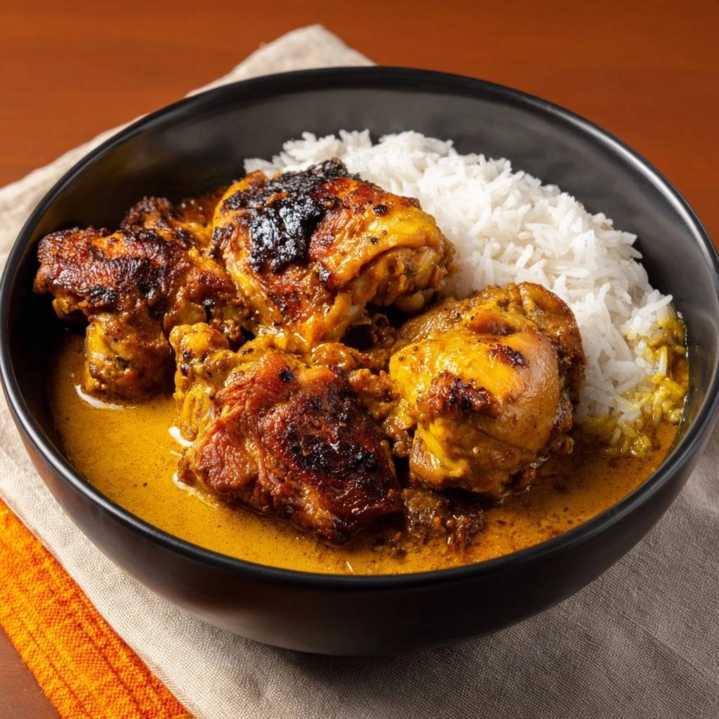 Thailaendisches Gelbes Huehnchen Curry Serviert 1 Thailändisches gelbes Hähnchen-Curry serviert in einer schwarzen Schüssel mit Reis, eine köstliche und sättigende Mahlzeit.