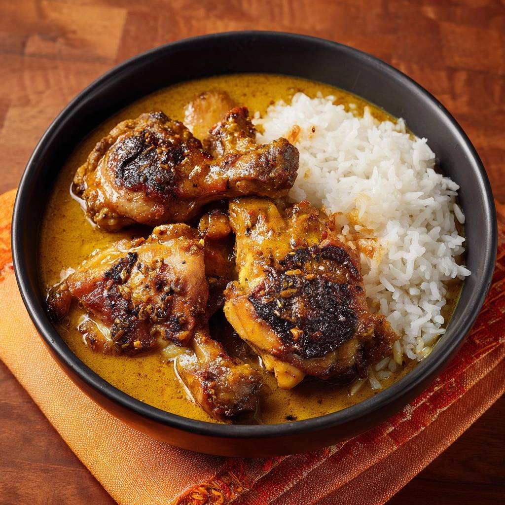 Thailändisches Gelbes Hähnchen-Curry serviert in einer tiefen Schüssel, mit dampfendem Reis und goldener Sauce.