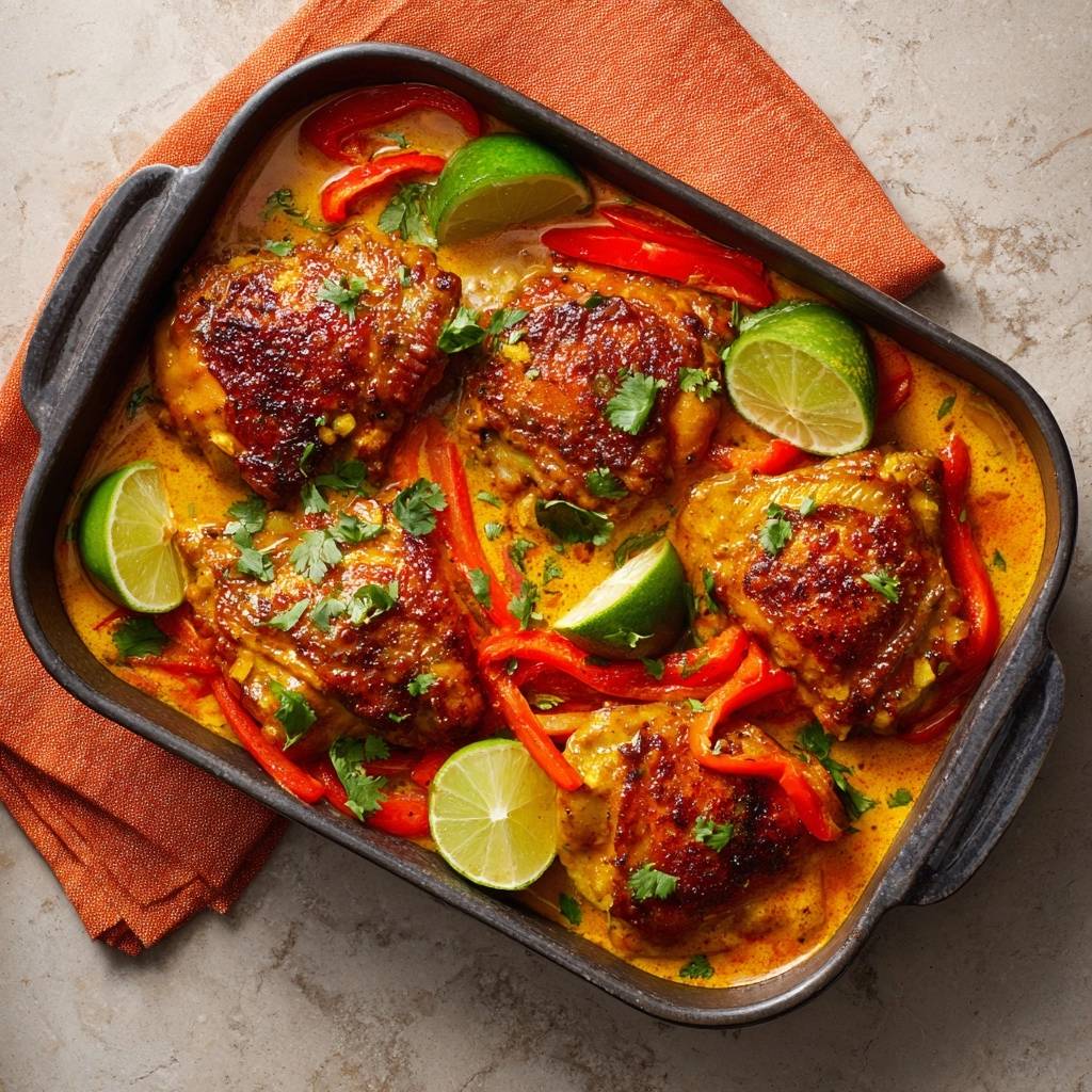 Thailndisches Hhnchen Curry Draufsicht 1 Thailändisches Hähnchen-Curry in einer Auflaufform, mit roter Paprika, Limettenspalten und frischen Kräutern garniert. Ein Gericht für saftiges Hähnchen!