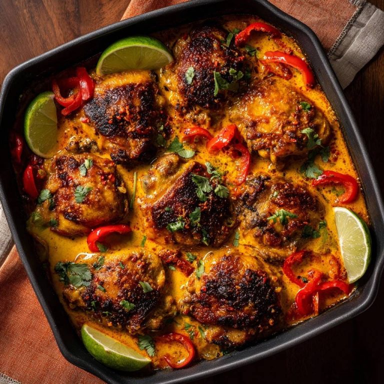 Thailändisches Hähnchen-Curry in einer Auflaufform, serviert mit Limettenspalten und Paprika, draufsicht von oben.