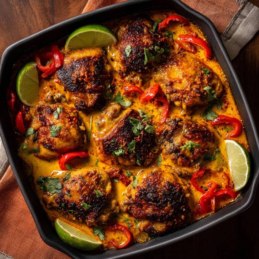 Thailändisches Hähnchen-Curry in einer Auflaufform, serviert mit Limettenspalten und Paprika, draufsicht von oben.