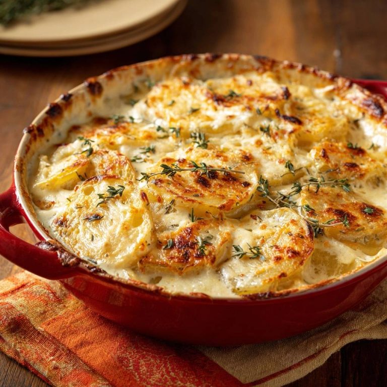 Thymian-Kartoffelgratin in einer roten Auflaufform, serviert und mit frischem Thymian garniert. Die cremige Soße bedeckt die goldbraun gebackenen Kartoffelscheiben.