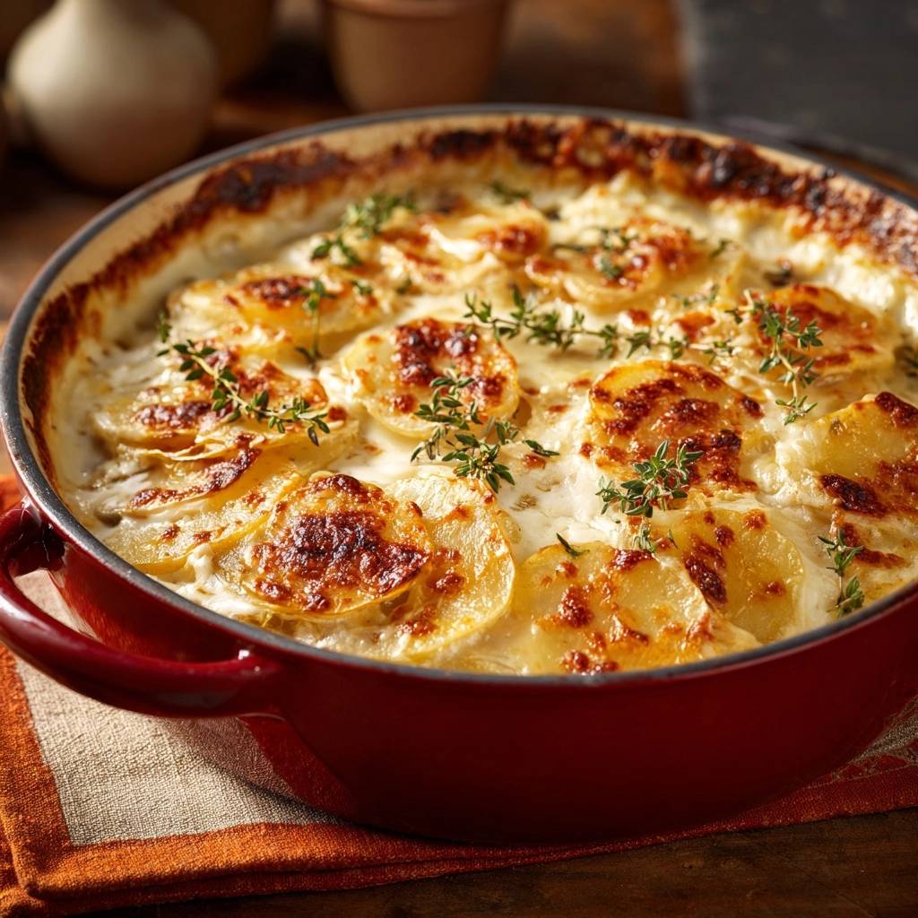 Thymian Kartoffelgratin Draufsicht Serviert 1 2 Thymian-Kartoffelgratin in einer roten Auflaufform, serviert und mit frischen Thymianzweigen garniert, bietet einen köstlichen Anblick.