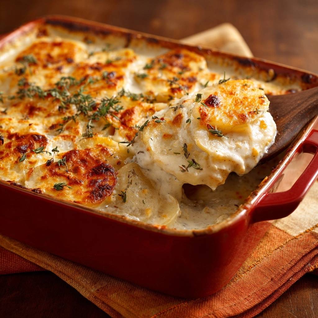 Thymian Kartoffelgratin Nahaufnahme Serviert 1 Thymian-Kartoffelgratin in Nahaufnahme serviert, mit einem Löffel herausgenommen, zeigt die cremige Konsistenz und frische Kräuter.