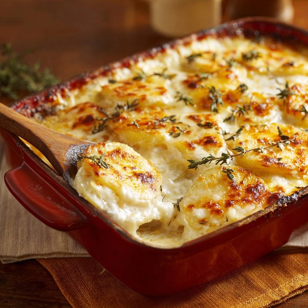 Thymian-Kartoffelgratin in einer Auflaufform, serviert mit einem Holzlöffel, der eine Portion des cremigen Gerichts zeigt.